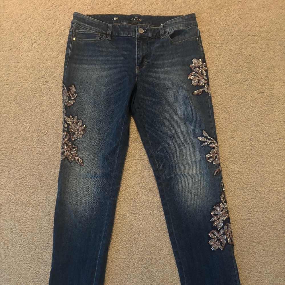WHBM Slim Jeans with Pink and Silver Sequin Appliqué, Distressed